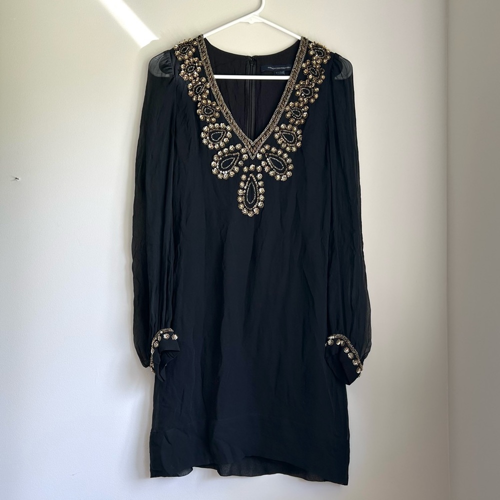 French Connection Black Dress with Gold Beading